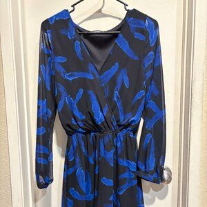 Blue Feather Pattern Long Sleeve Romper